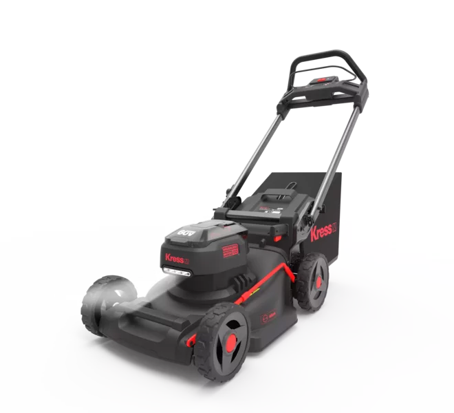 a black lawnmower with red accents